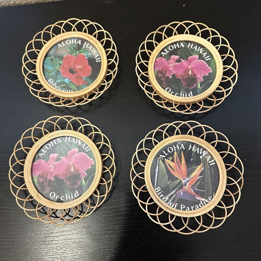 Vintage Wicker Framed Flower Coasters Souvenir Hawaii Hibiscus Orchid Bird Of - Picture 1 of 7